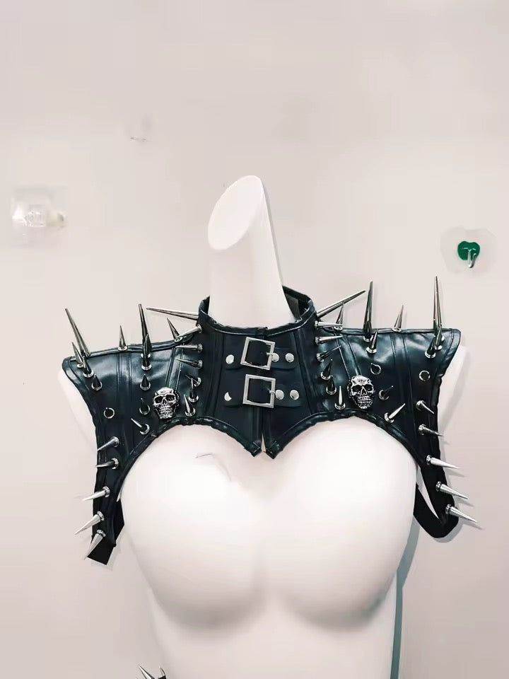Black Faux Leather Choker Spike Bolero Shoulder Harness