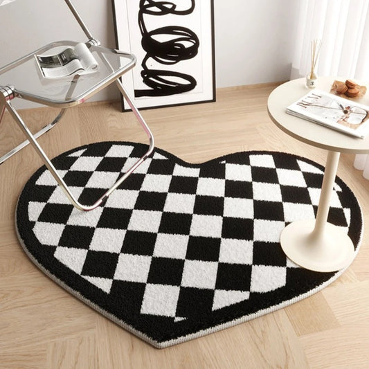 Black And White Checkerboard Heart Shaped Mat