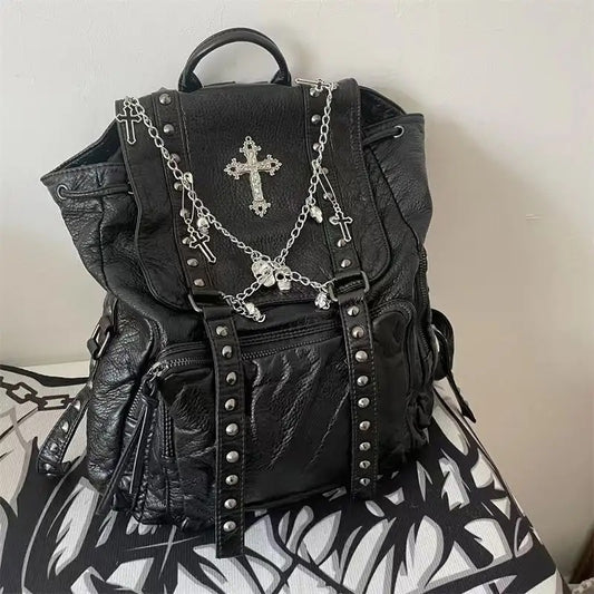 Black Faux Leather Gothic Charm Chain Backpack