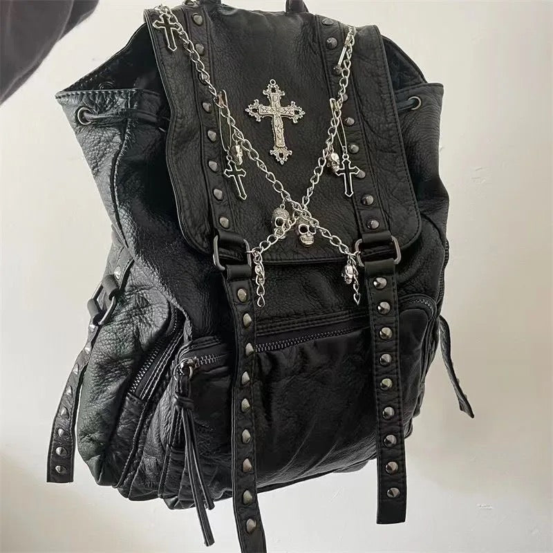 Black Faux Leather Gothic Charm Chain Backpack