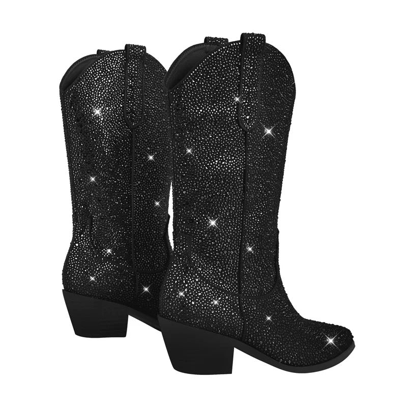 Black Rhinestone Sparkly Mid Calf Cowboy Boots