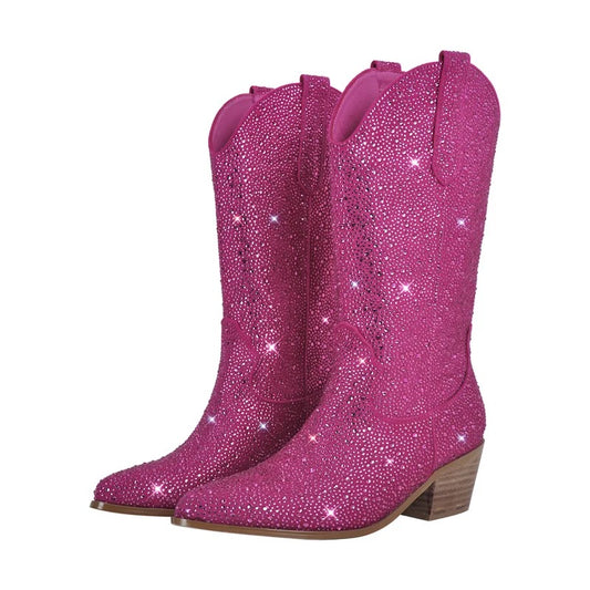 Pink Rhinestone Sparkly Mid Calf Cowboy Boots