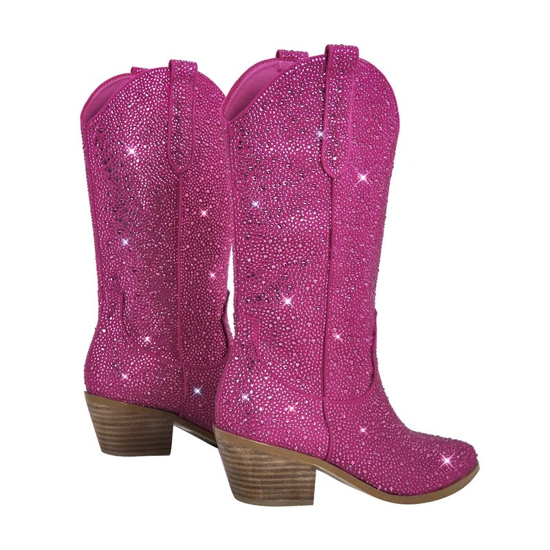 Pink Rhinestone Sparkly Mid Calf Cowboy Boots