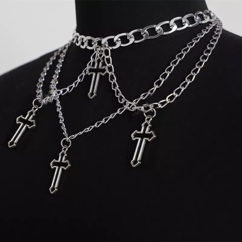 Silver Gothic Cross Pendant Layered Choker Necklace