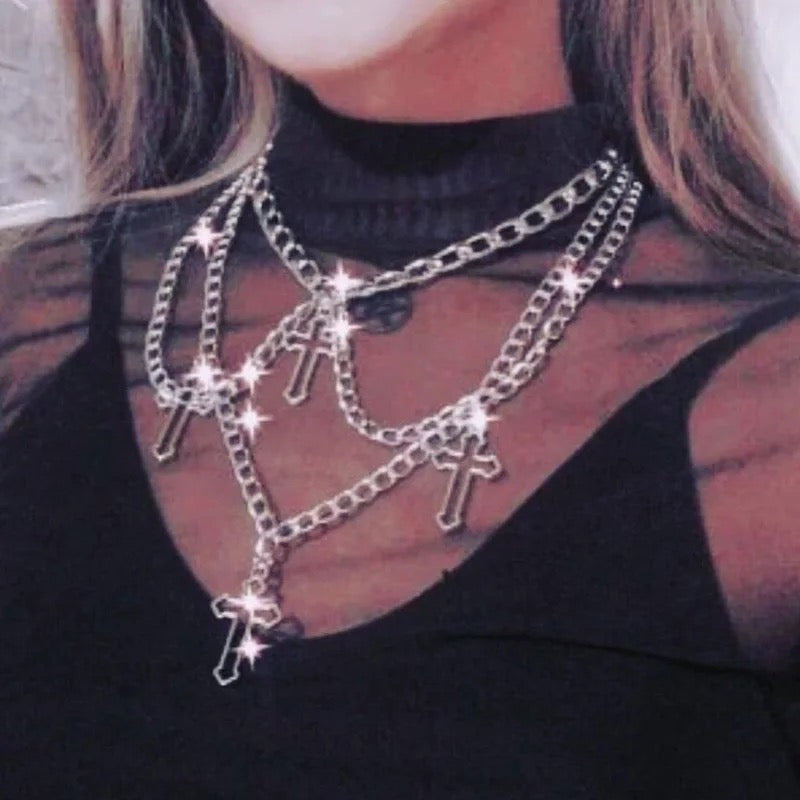 Silver Gothic Cross Pendant Layered Choker Necklace