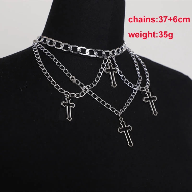 Silver Gothic Cross Pendant Layered Choker Necklace