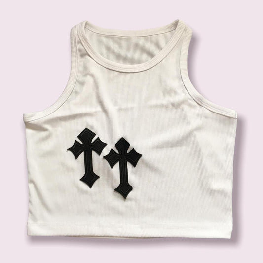 White Cross Patch Gothic Baby Tee Style Crop Top