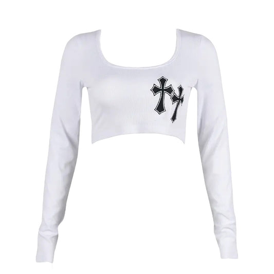 White Long Sleeve Cross Patch Gothic Crop Top