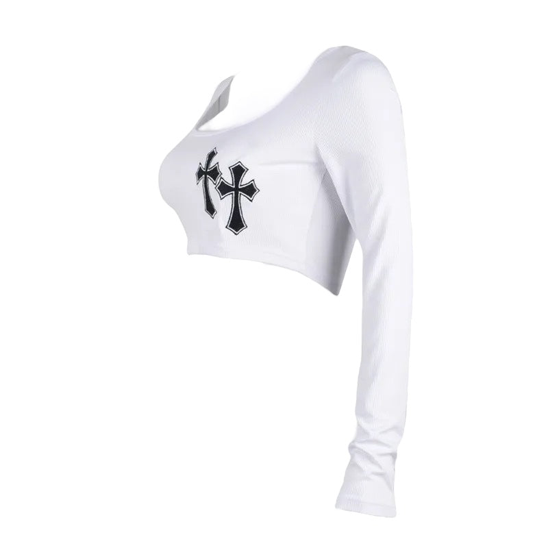White Long Sleeve Cross Patch Gothic Crop Top