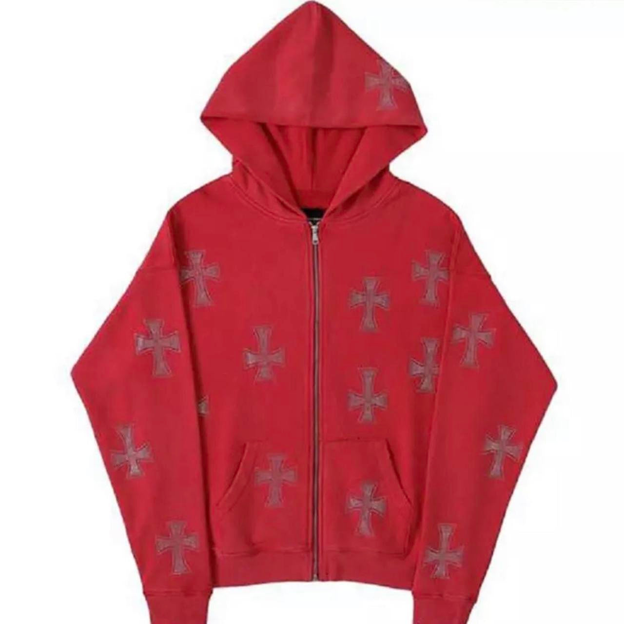 Red Rhinestone Cross Grunge Zip Hoodie