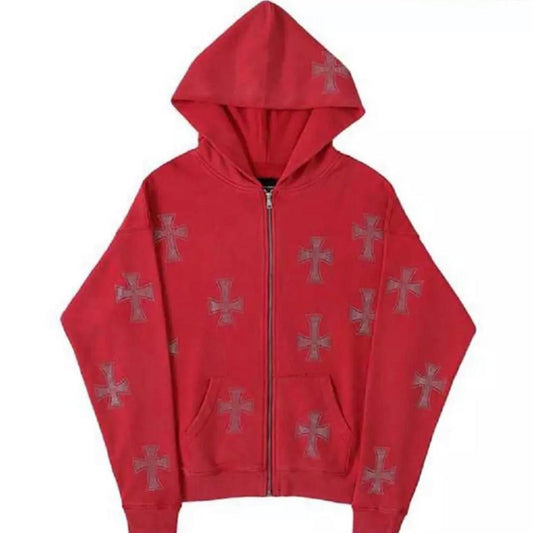 Red Rhinestone Cross Grunge Zip Hoodie