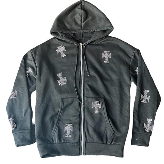 Black Cross Rhinestone Grunge Zip Hoodie