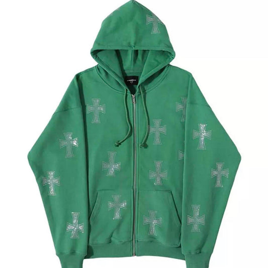 Green Cross Rhinestone Grunge Zip Hoodie