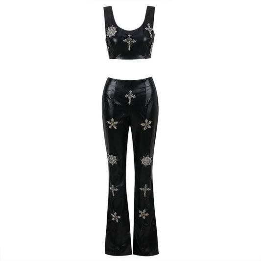 Black Faux Leather 2 Piece Embellished Flare And Crop Top Set