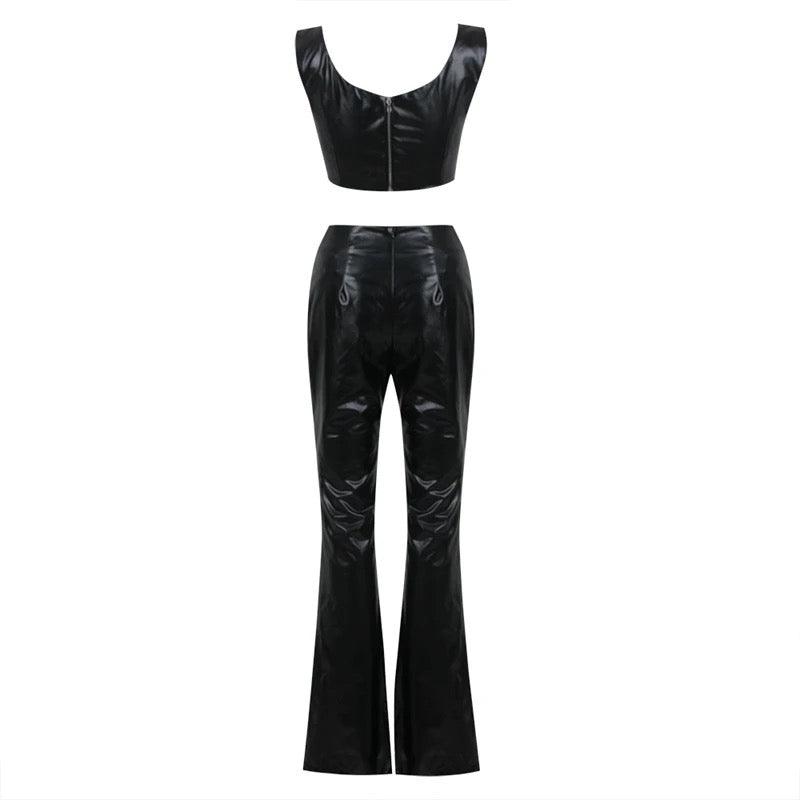 Black Faux Leather 2 Piece Embellished Flare And Crop Top Set