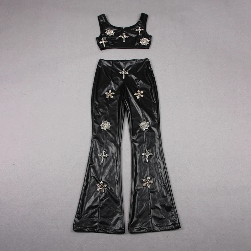 Black Faux Leather 2 Piece Embellished Flare And Crop Top Set