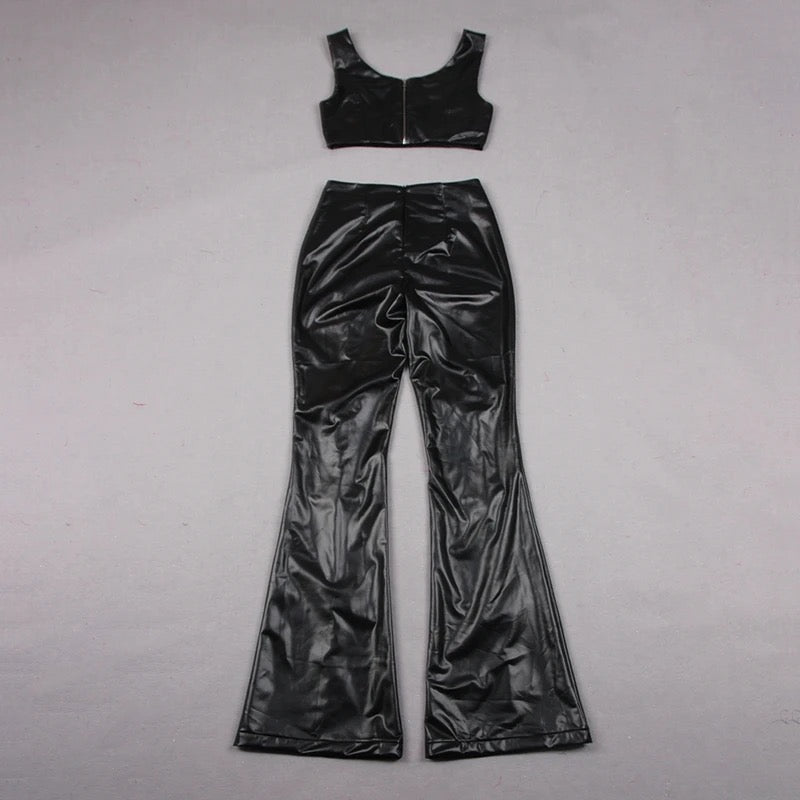 Black Faux Leather 2 Piece Embellished Flare And Crop Top Set