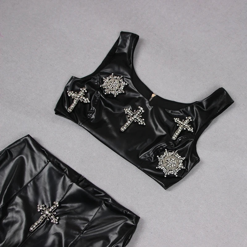 Black Faux Leather 2 Piece Embellished Flare And Crop Top Set