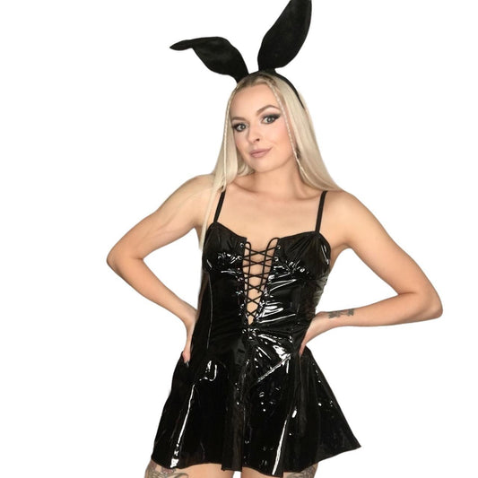 Black PVC Sexy Lace Up Skater Dress Bunny Halloween Costume Set