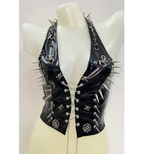 Black Faux Leather Chain Lace Up Punk Spike Crop Top