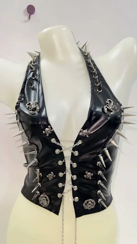 Black Faux Leather Chain Lace Up Punk Spike Crop Top