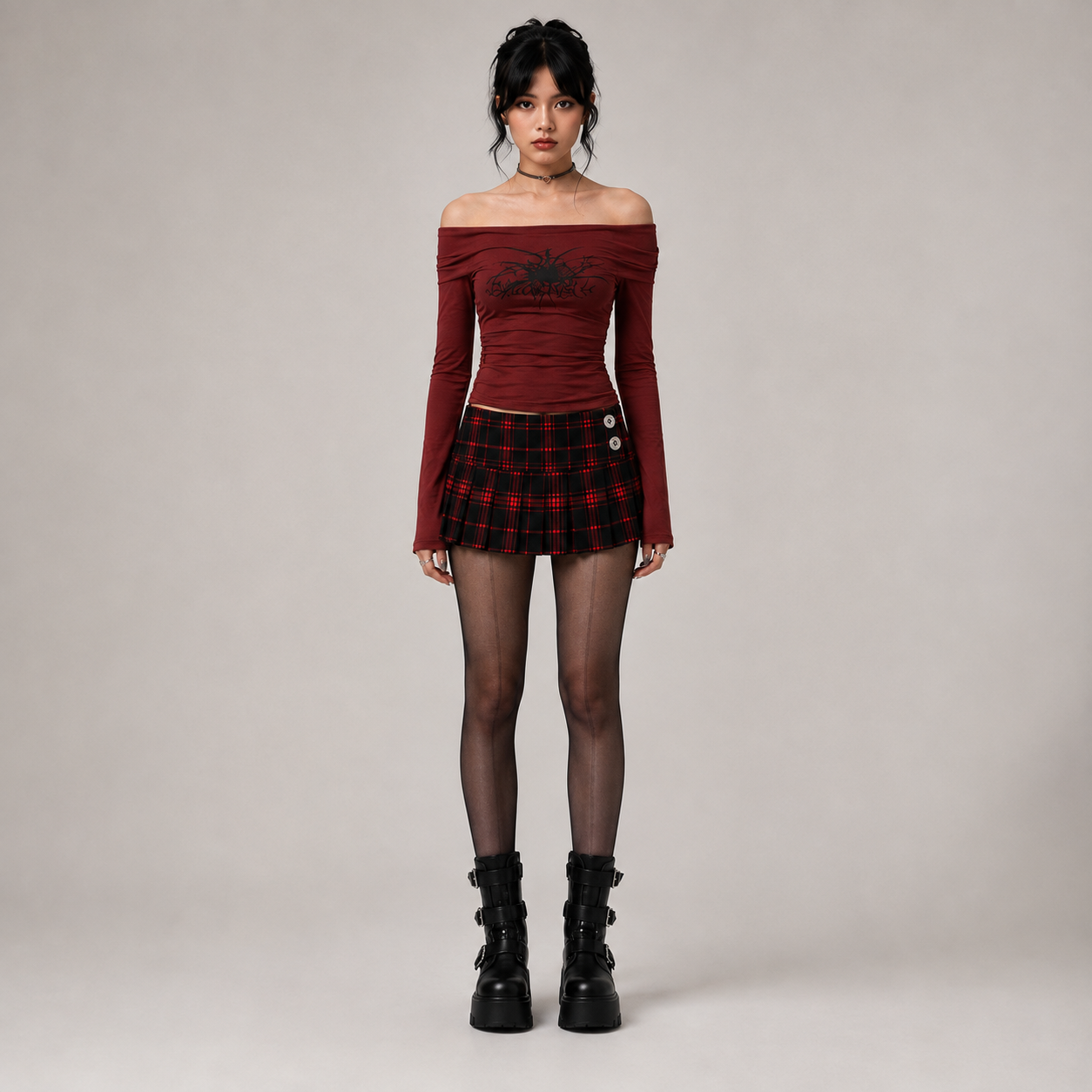Burgundy Ruched Gothic Graphic Top