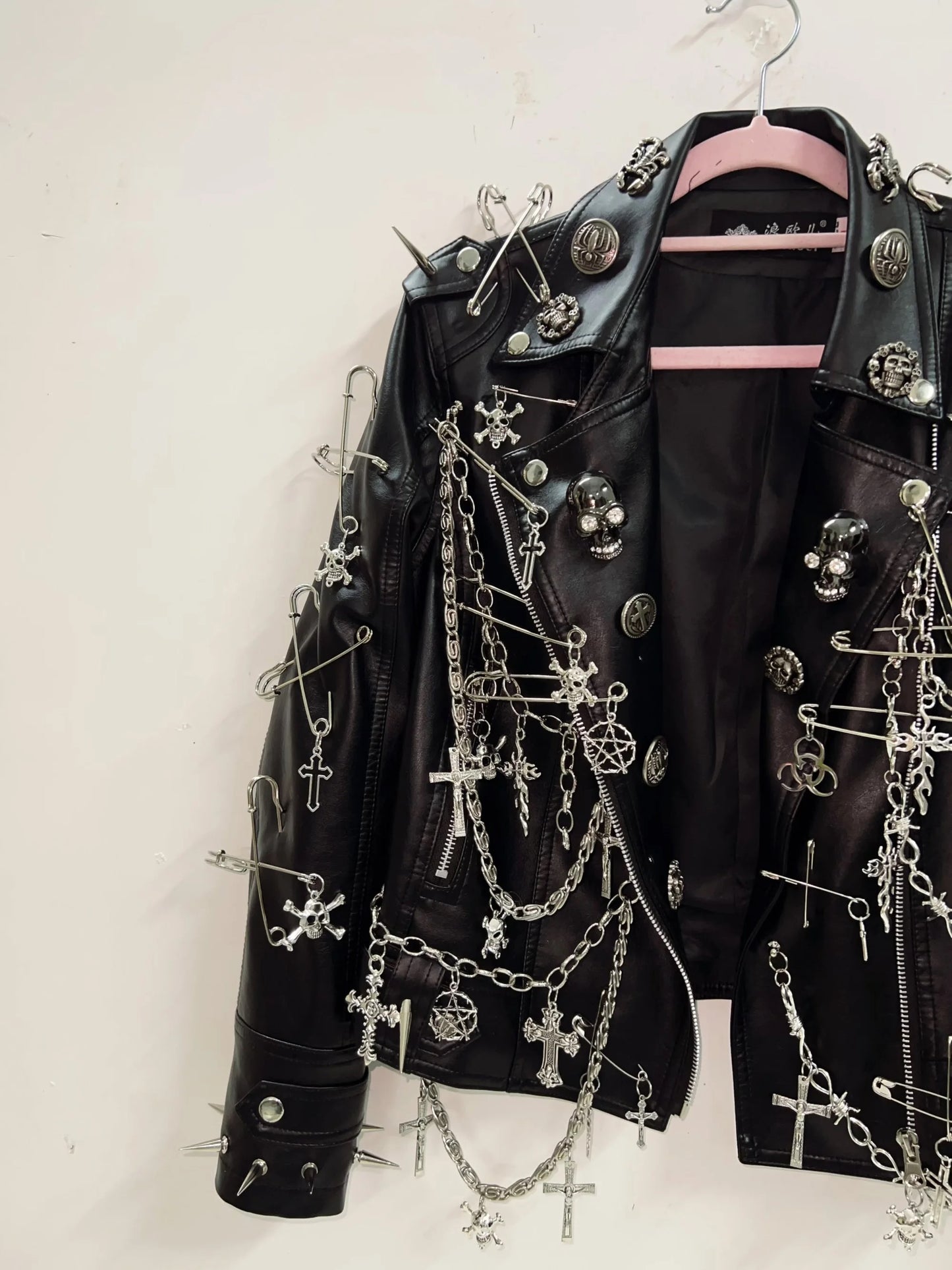 Black Punk Customised Studded Chain Leather Jacket