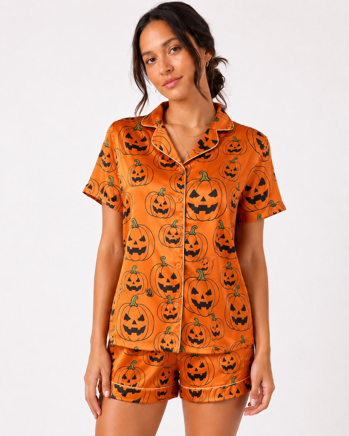 Orange Satin Evil Pumpkin 2 Piece Pyjama Set
