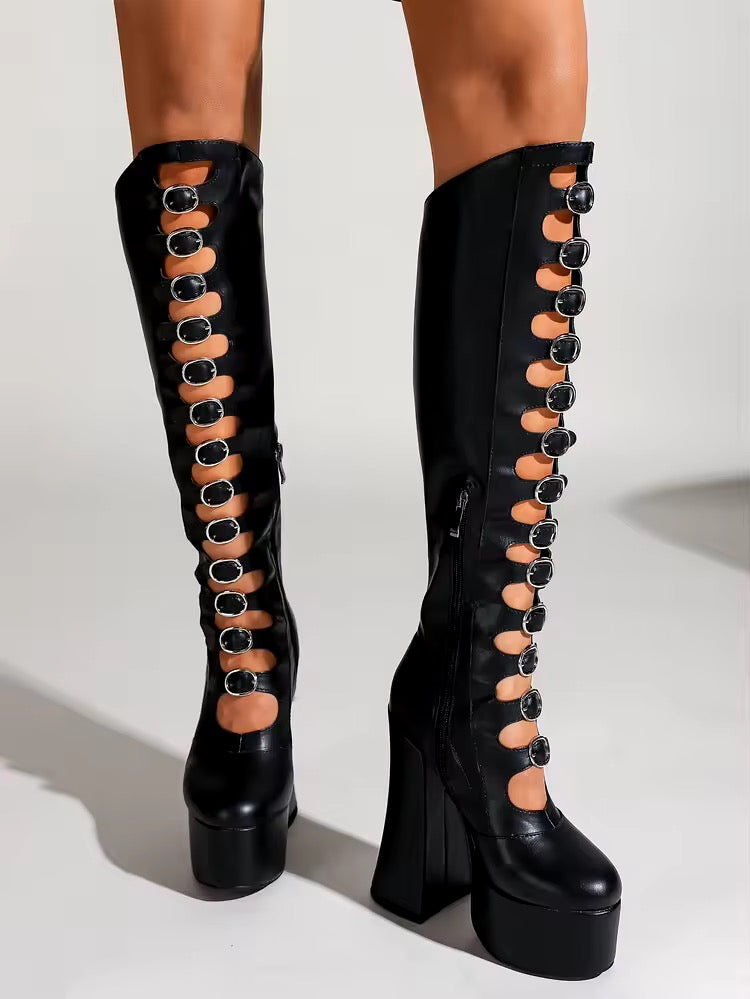 Black Punk Knee High Buckle Platform Heel Boots