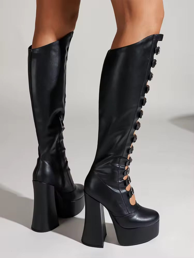 Black Punk Knee High Buckle Platform Heel Boots