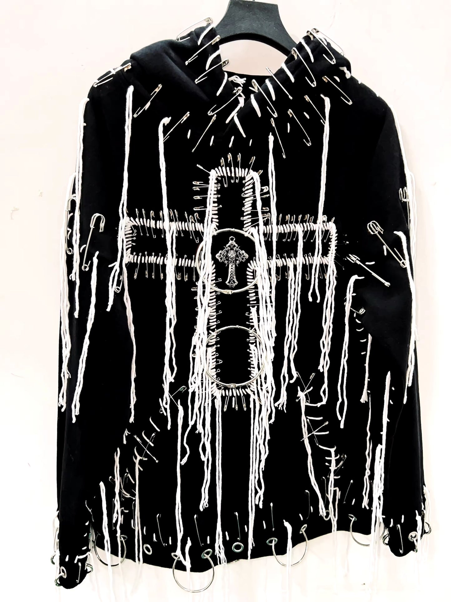 Black Gothic Distressed Chain Cross Hoodie
