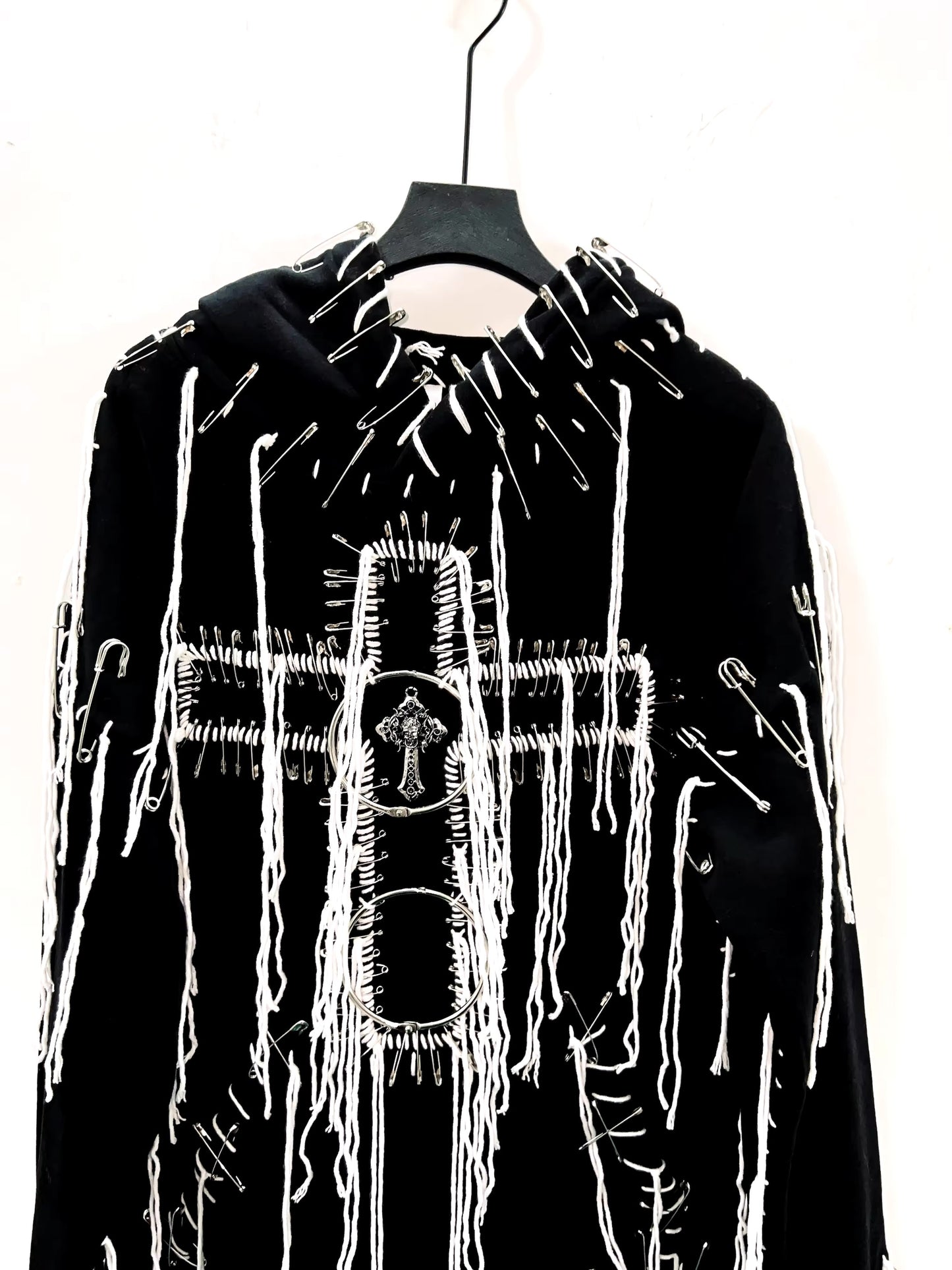 Black Gothic Distressed Chain Cross Hoodie
