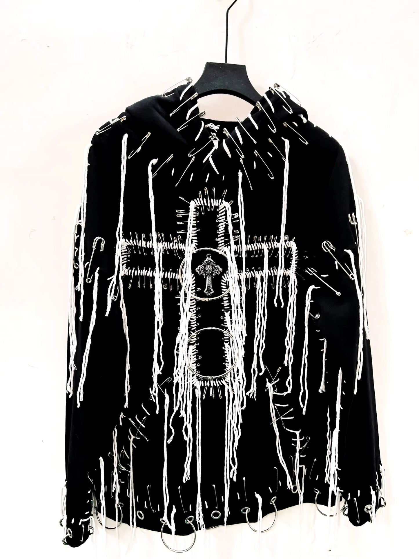 Black Gothic Distressed Chain Cross Hoodie