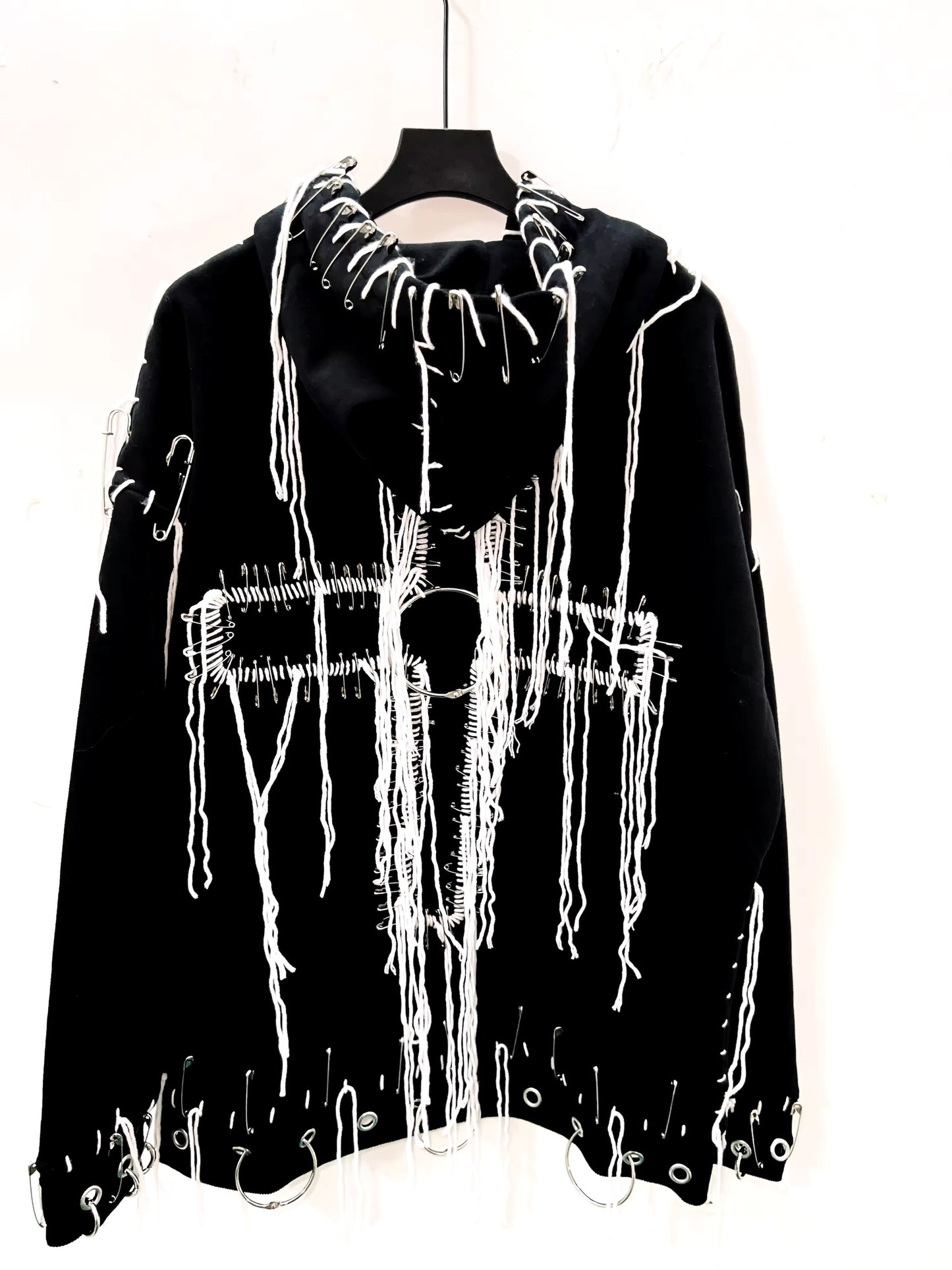 Black Gothic Distressed Chain Cross Hoodie