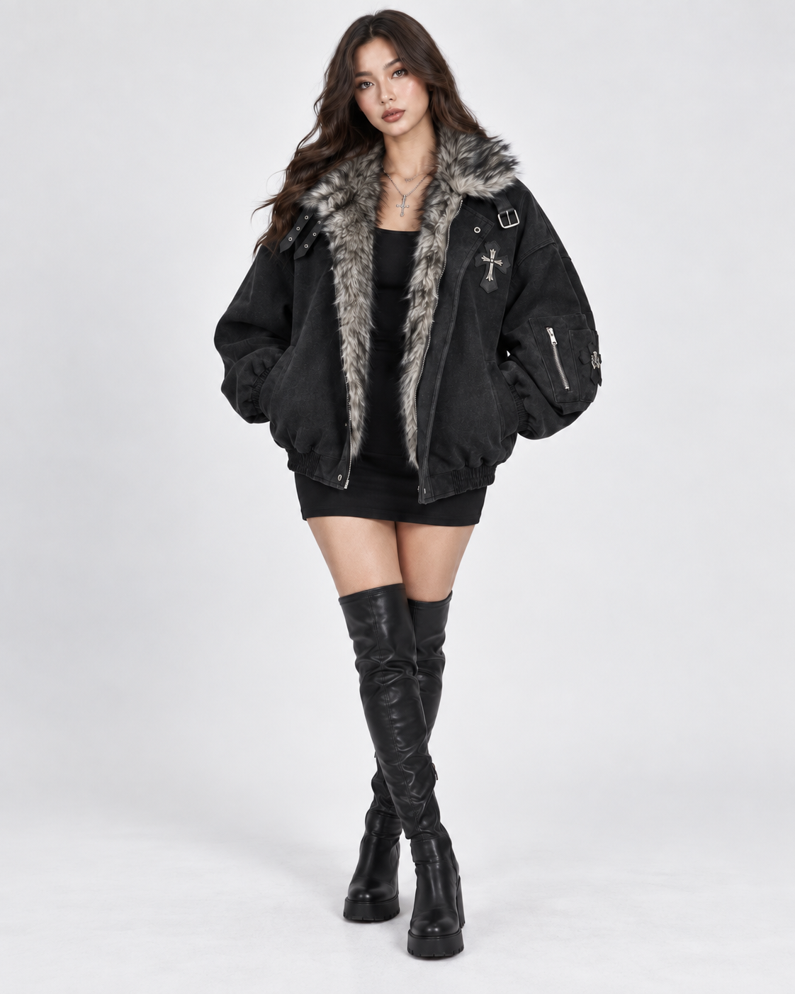 Black Faux Fur Collar Oversized Aviator Bomber Jacket