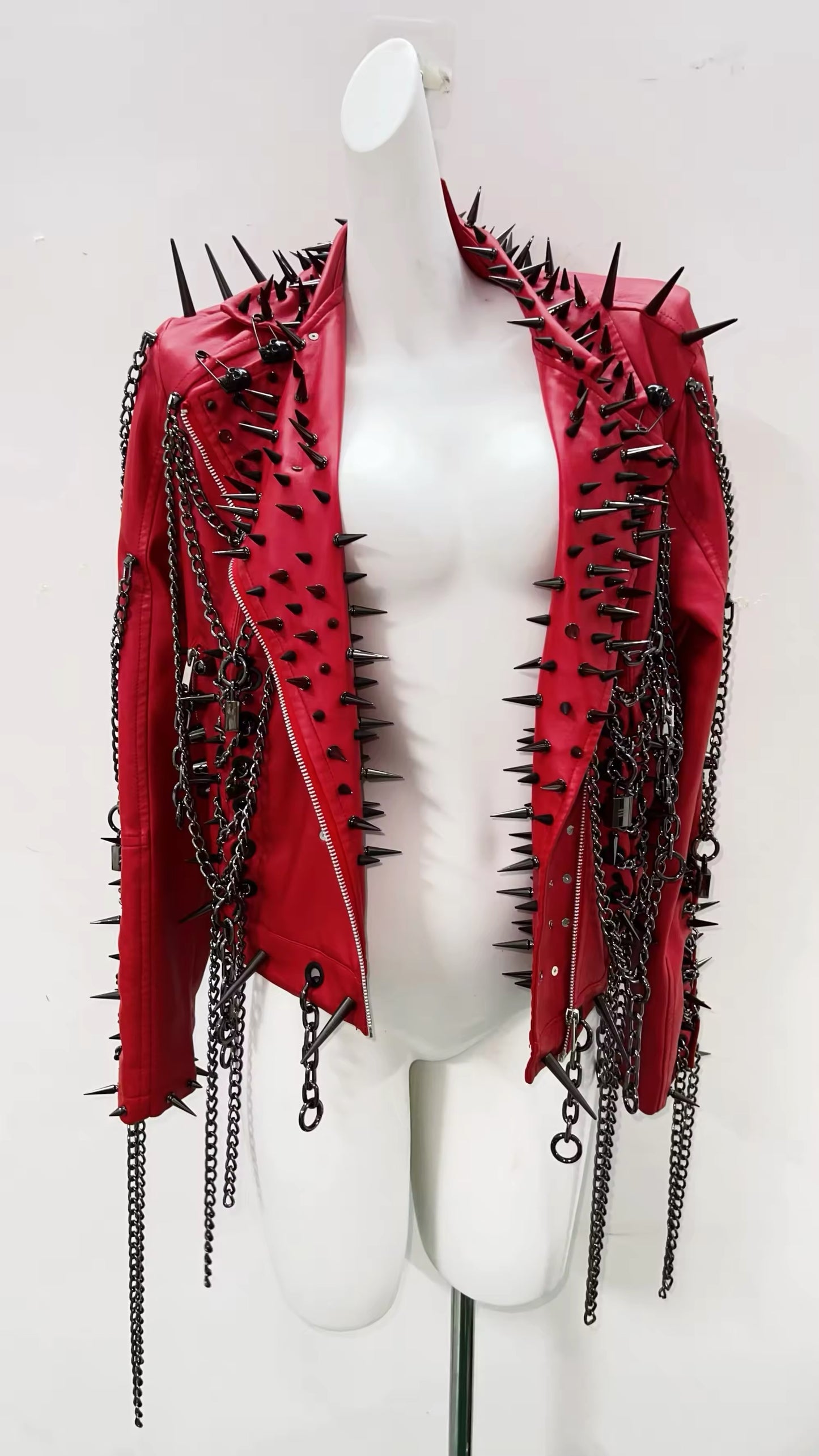 Red Faux Leather Punk Studded Chain Jacket