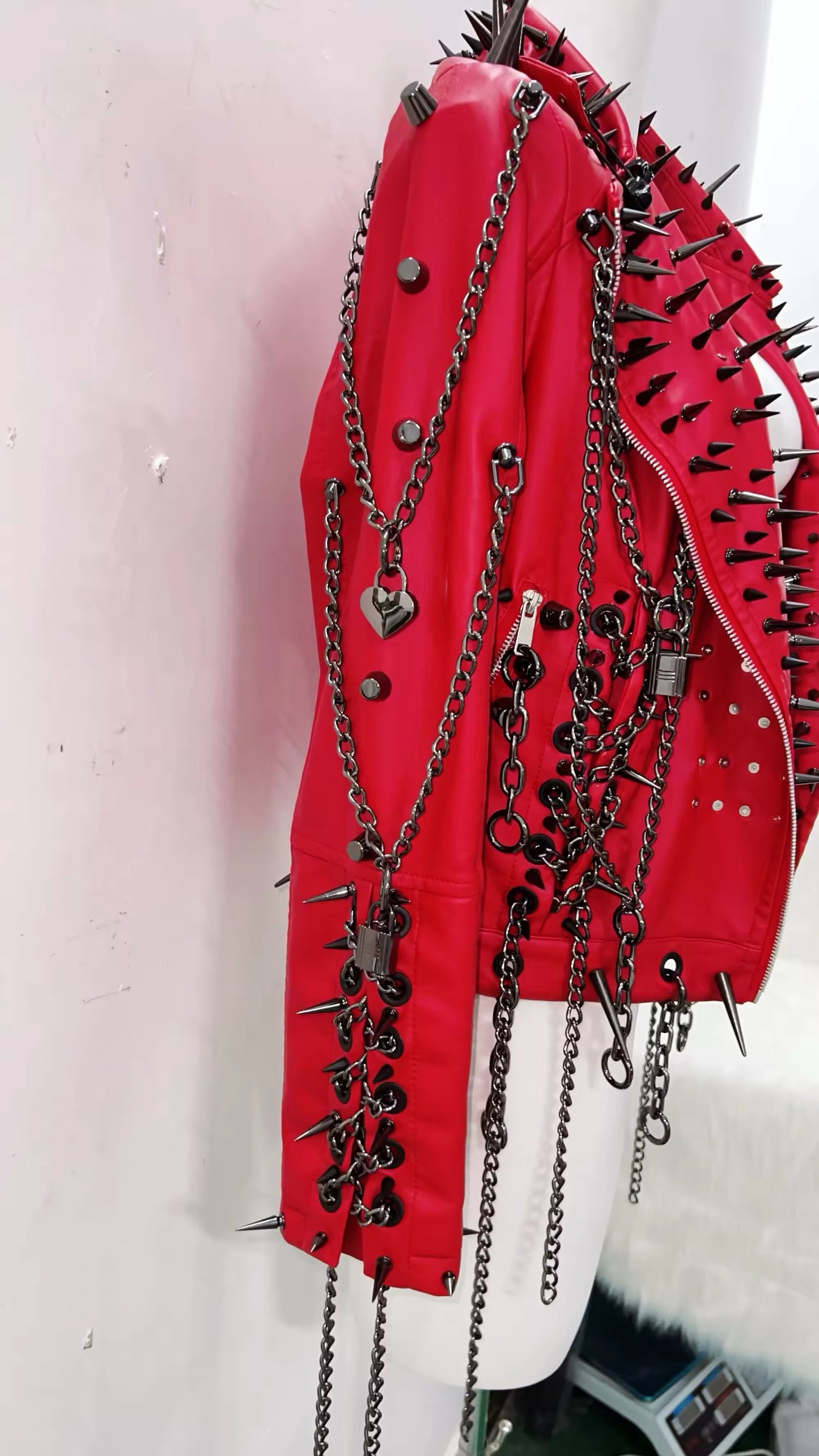Red Faux Leather Punk Studded Chain Jacket
