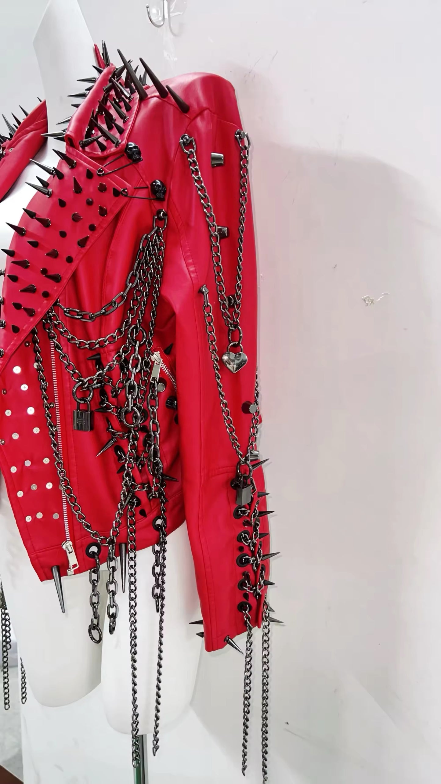 Red Faux Leather Punk Studded Chain Jacket