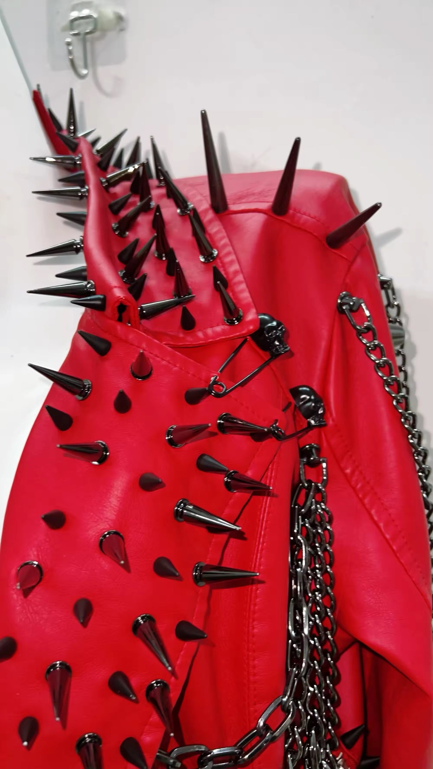 Red Faux Leather Punk Studded Chain Jacket
