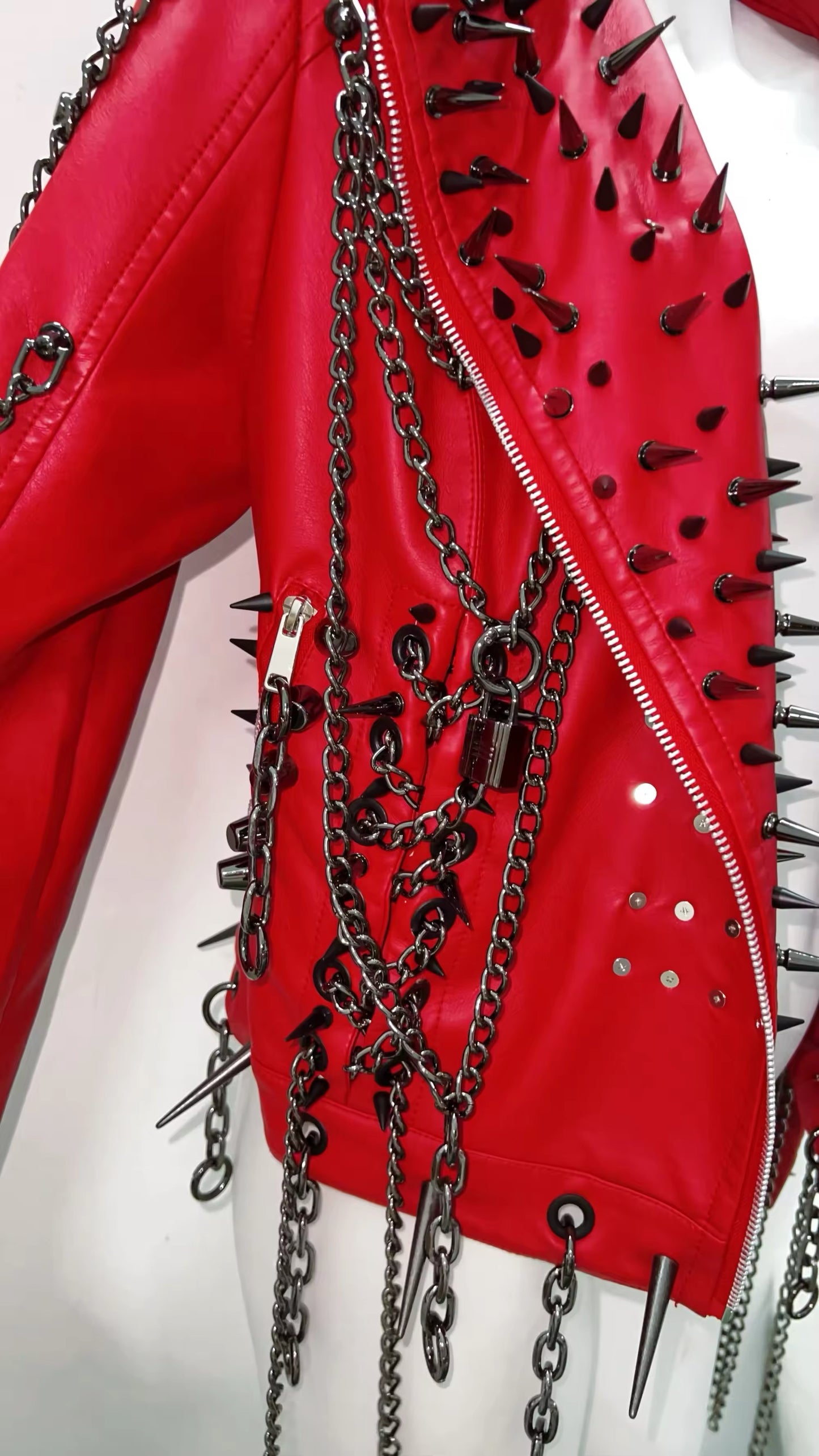 Red Faux Leather Punk Studded Chain Jacket
