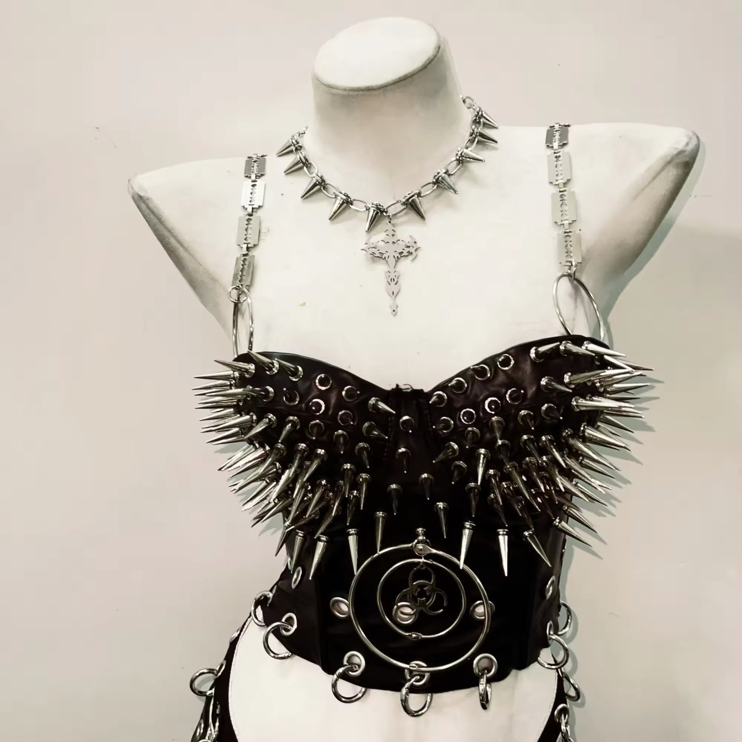 Black Punk Chain Strap Spiked Corset