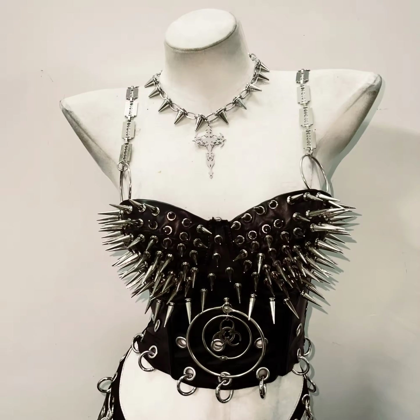 Black Punk Chain Strap Spiked Corset