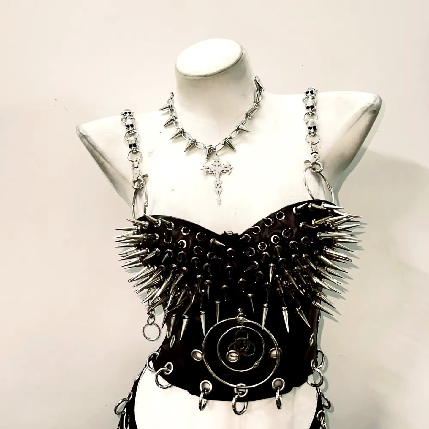 Black Punk Chain Strap Spiked Corset