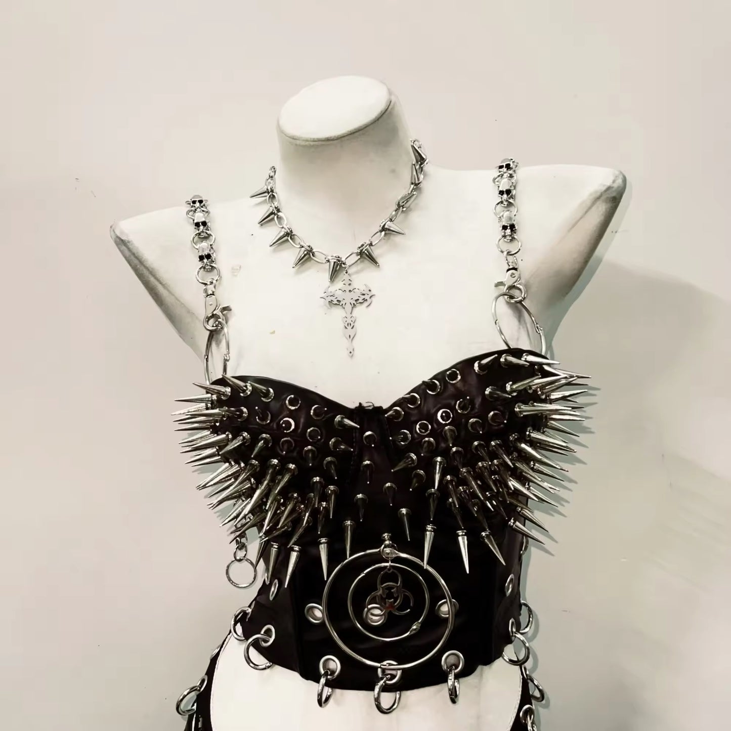 Black Punk Chain Strap Spiked Corset