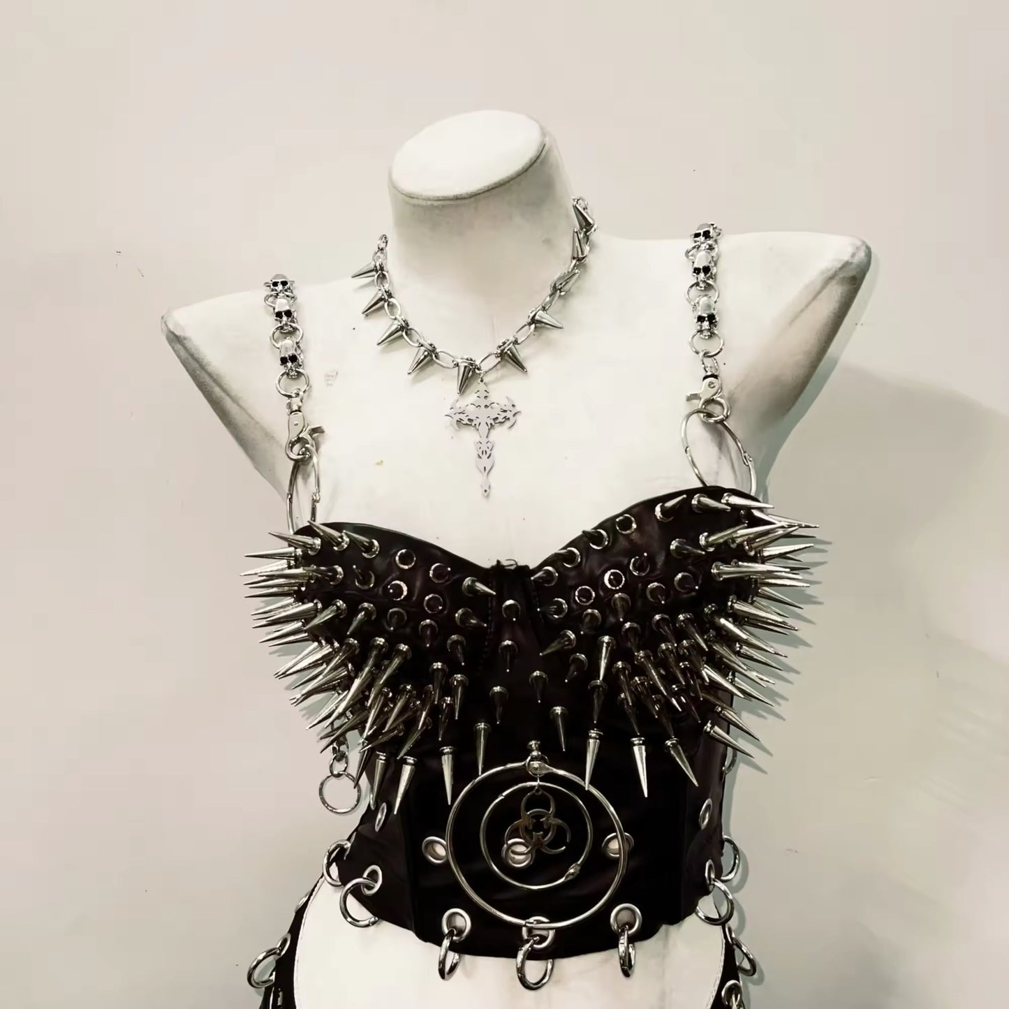 Black Punk Chain Strap Spiked Corset