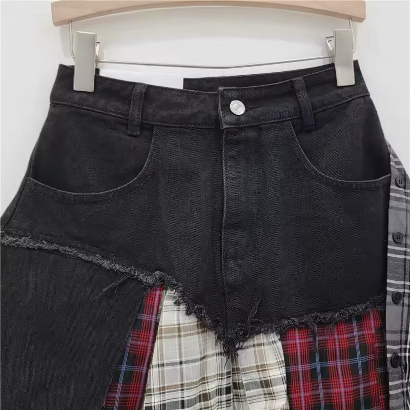 Black Grunge Denim Checkered Patchwork Mini Skirt