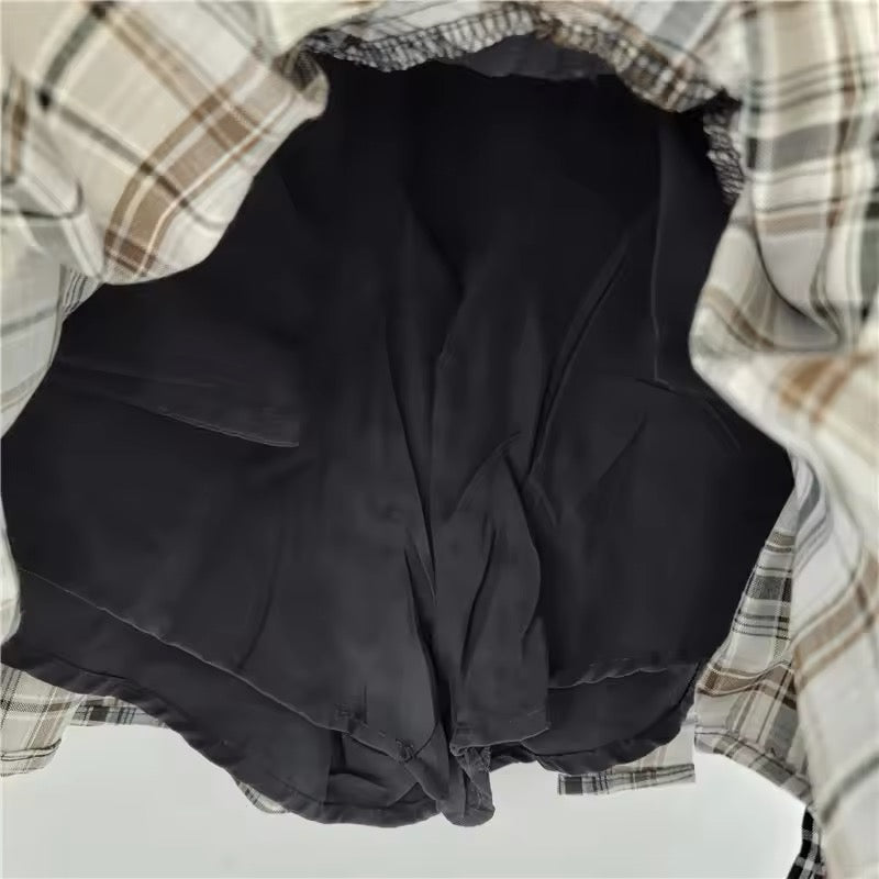 Black Grunge Denim Checkered Patchwork Mini Skirt