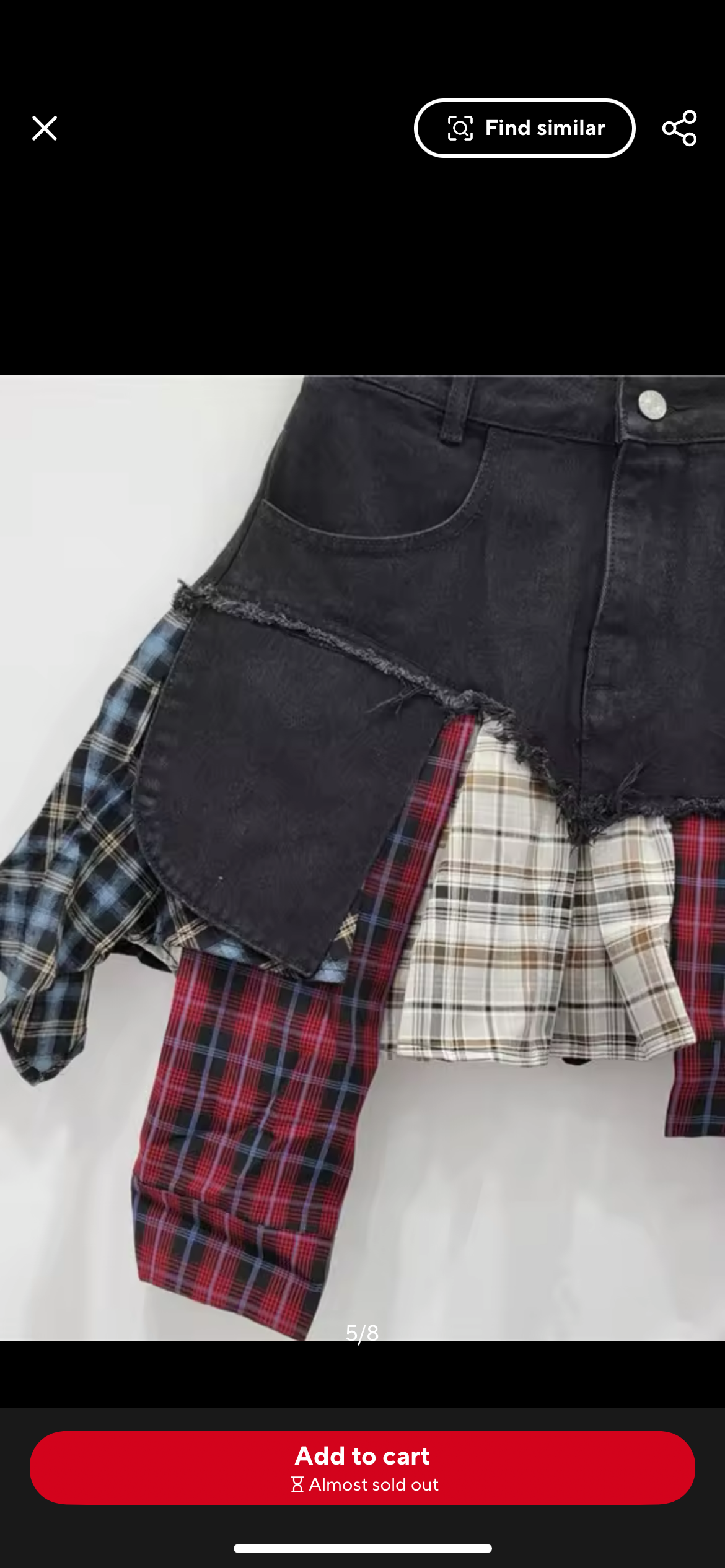 Black Grunge Denim Checkered Patchwork Mini Skirt