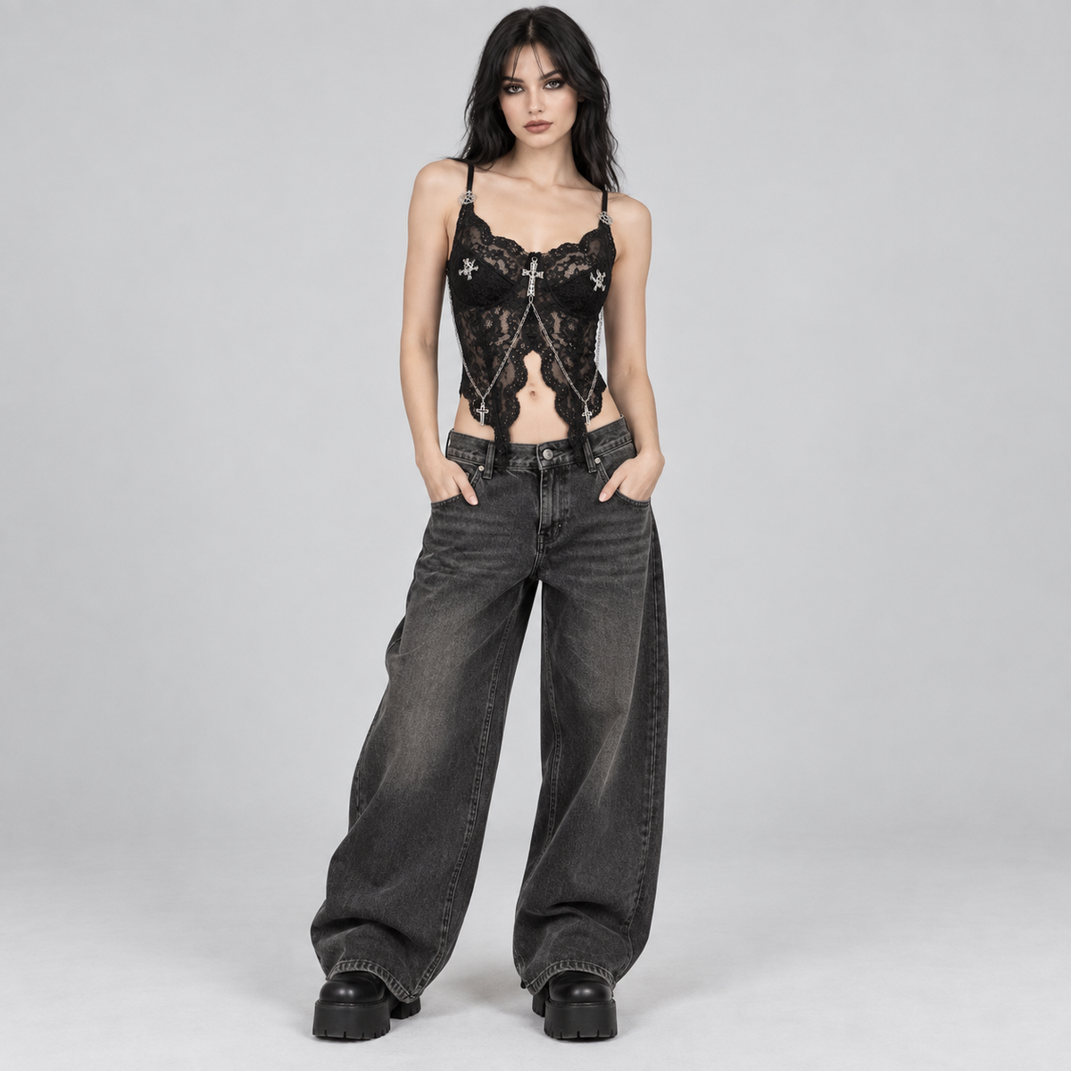 Black Gothic Lace Cross Chain Camisole Top with Skull Detail