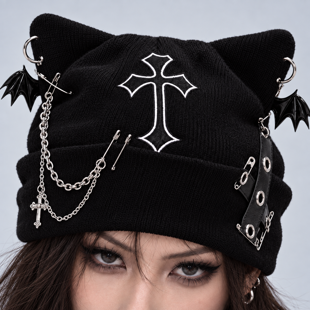 Night Creature Gothic Cat Ear Beanie – Cross, Bat Wing & Chain Hat